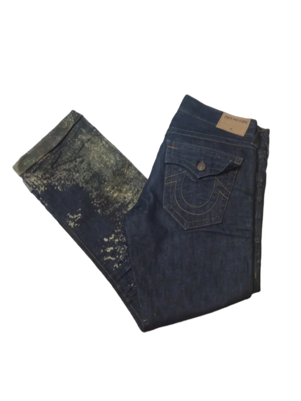 True Religion Ricky Relaxed Straight w. Flaps copper paint splatter jeans Sz 32